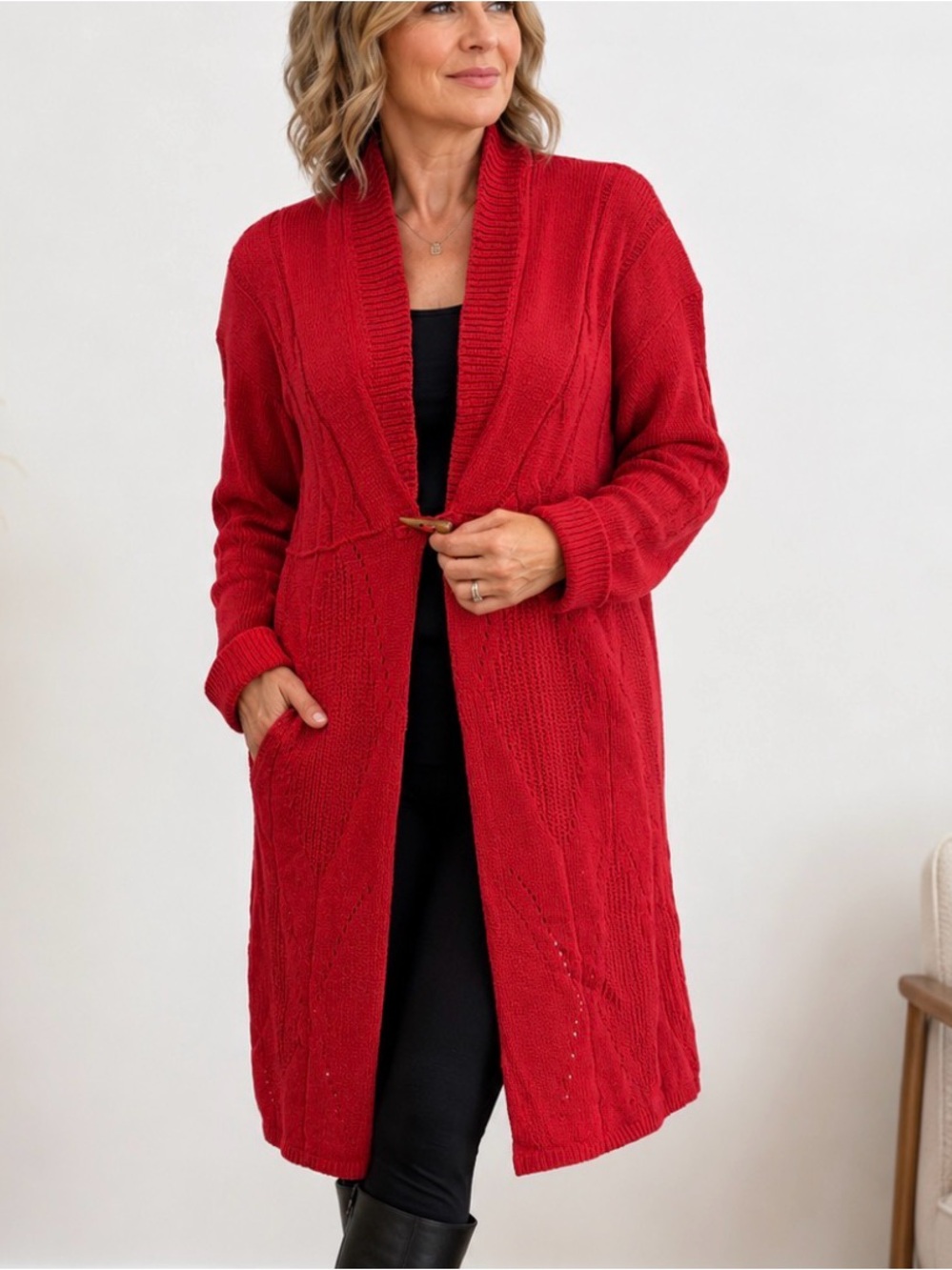 Women's plus size Red Open-Front Long Cardigan with Toggle Closure office,  1310